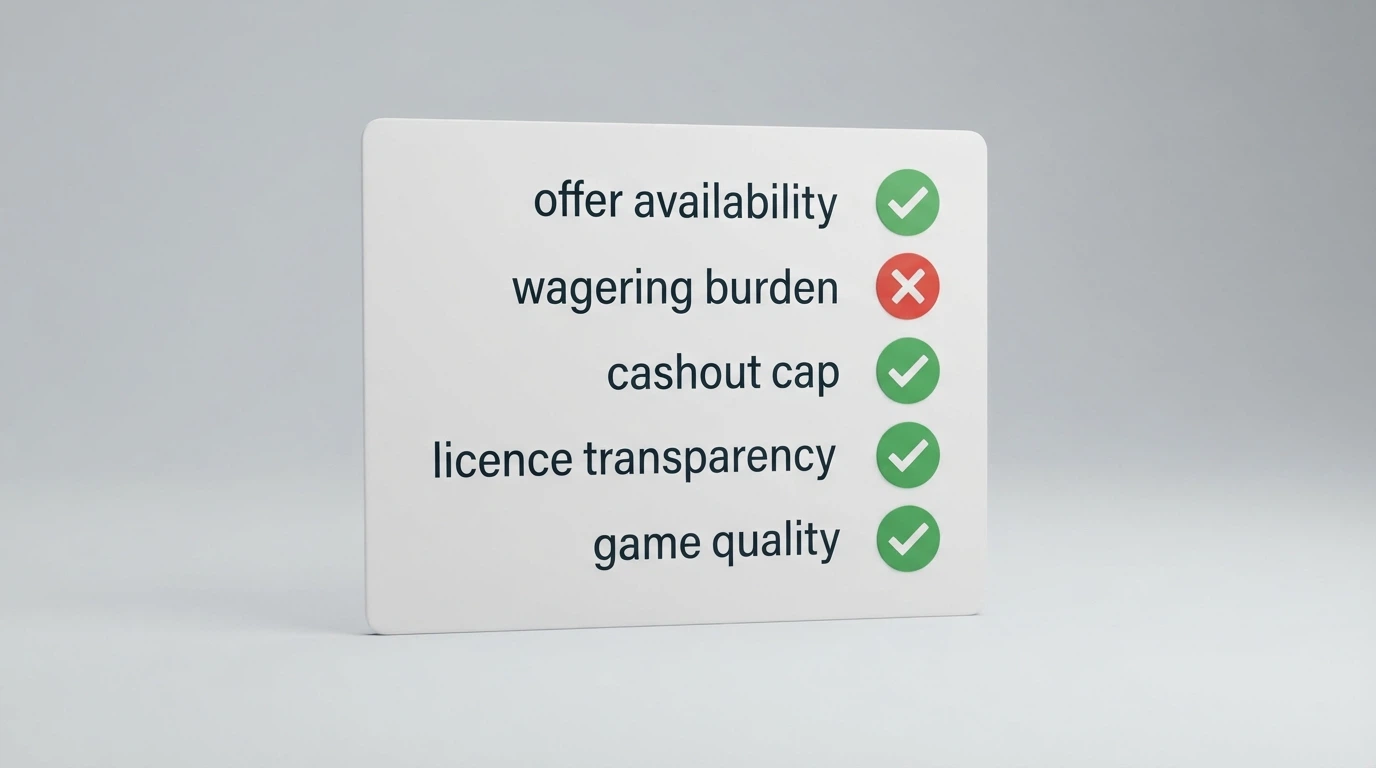A checklist-style graphic with the five evaluation criteria — No-Deposit Offer, Wagering Burden, Max Cashout, Licence Transparency, Game Quality — each with a tick or cross icon