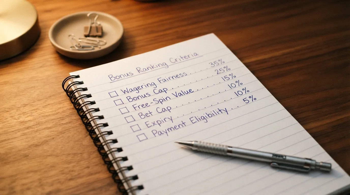 A notepad or screen with a checklist of ranking criteria — wagering fairness, bonus cap, free-spin value, bet cap, expiry and payment eligibility — each with a weight percentage beside it