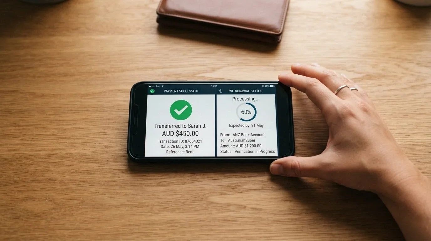 A smartphone showing a PayID bank transfer confirmation screen beside a casino withdrawal page