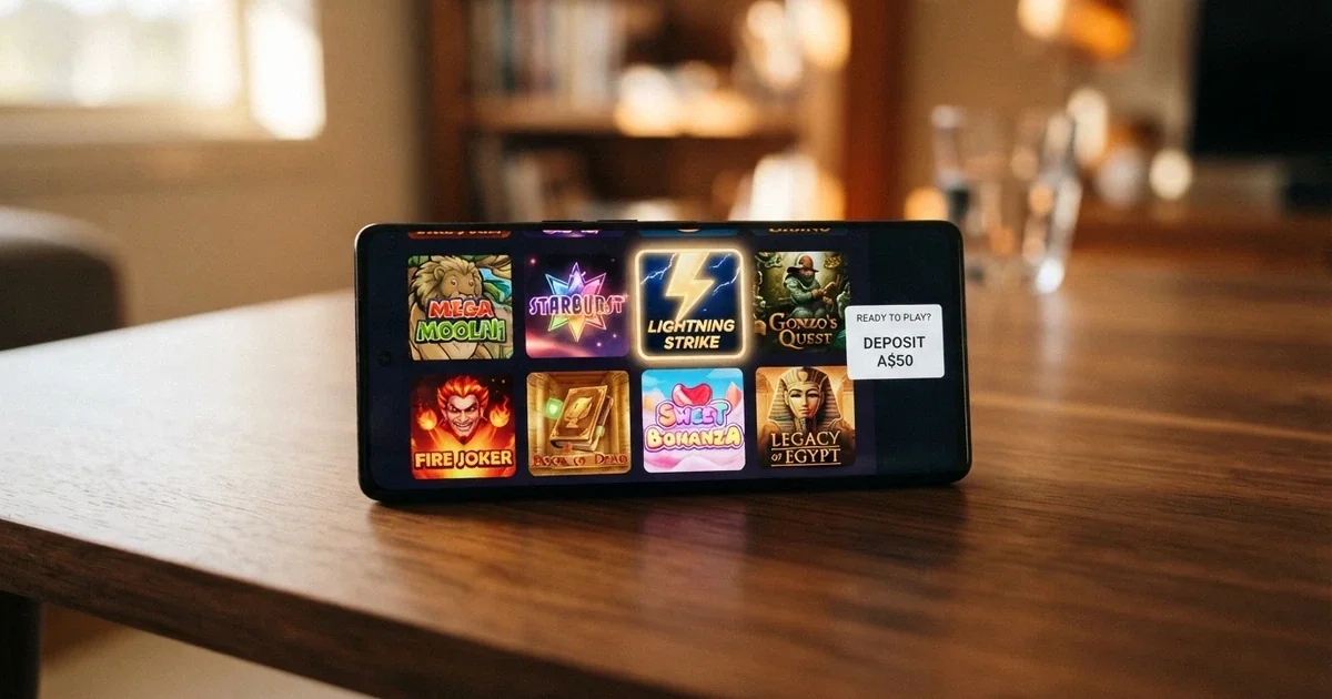 An Android phone screen showing a row of pokies game icons, with one tile highlighted and an Australian-dollar deposit prompt visible beside it