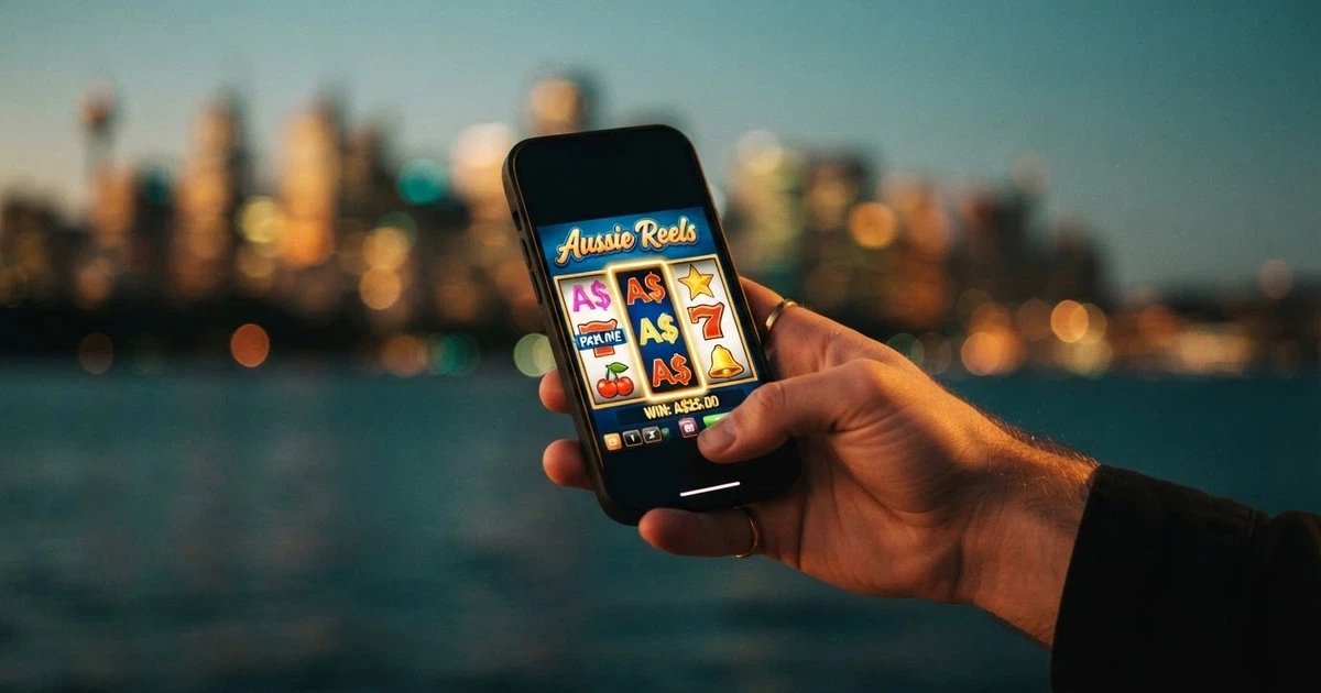 A smartphone screen displaying a pokies app interface with Australian dollar symbols on the reels, held in a hand against a blurred background that suggests an offshore server location