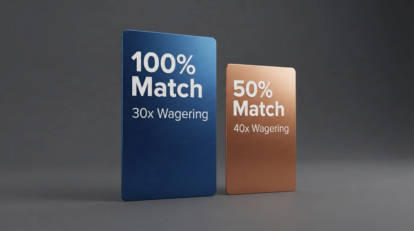 Two bonus offer cards side by side: the left labelled with a welcome-bonus match percentage, the right with a smaller reload match — both showing their wagering multiples underneath.
