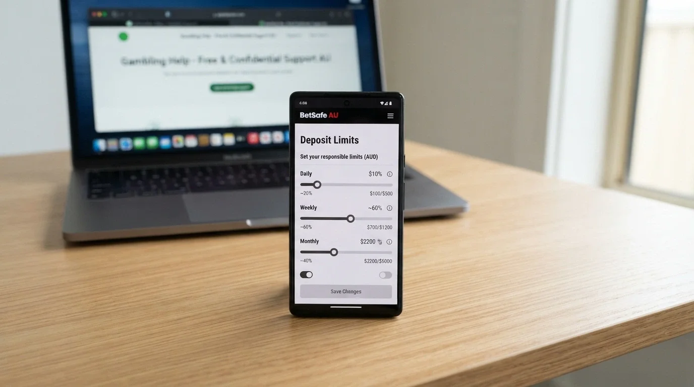 An Android phone screen showing a deposit-limit settings panel with daily, weekly and monthly caps being configured, with the Gambling Help Online logo visible in a browser tab behind it