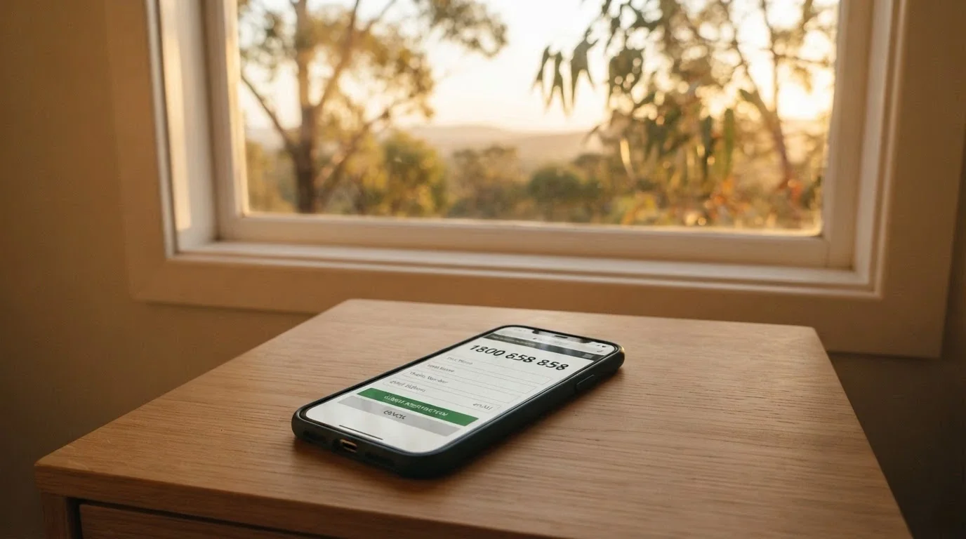 A phone with the number 1800 858 858 displayed beside a “BetStop” registration screen, with an Australian landscape visible through a window