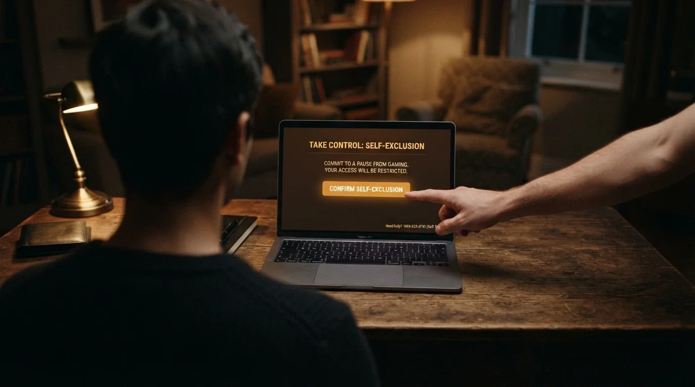 A hand reaching toward a self-exclusion button on a screen, with a helpline number visible in the corner
