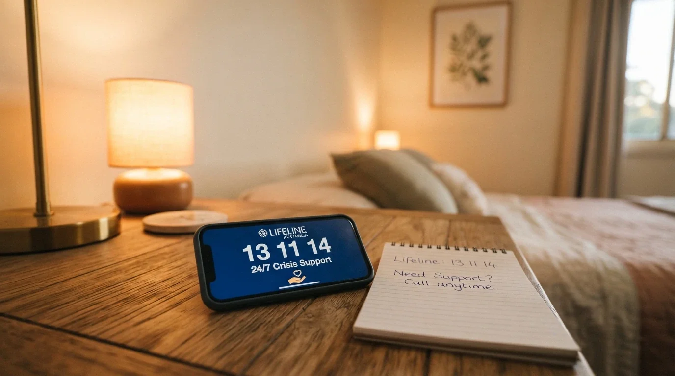 A desk phone receiver resting off the hook beside a notepad with a handwritten helpline number, warm domestic lighting