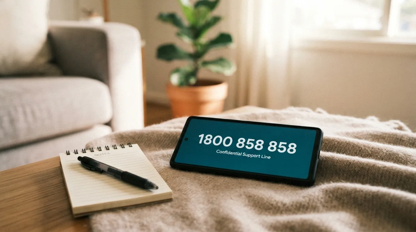 1800 858 858 helpline number displayed prominently on a calm, supportive background with the Gambling Help Online logo