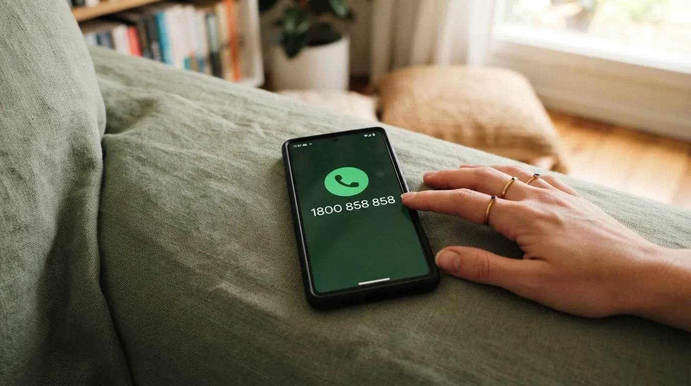 A phone icon with the number 1800 858 858 and the Gambling Help Online logo on a supportive background