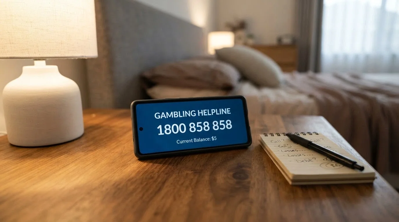 A phone displaying the 1800 858 858 Gambling Helpline number beside a half-empty casino balance of $5
