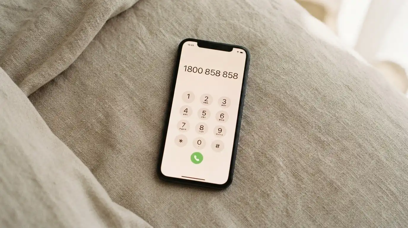 A close-up of a phone keypad with 1800 858 858 highlighted, set against a calm, supportive-toned background