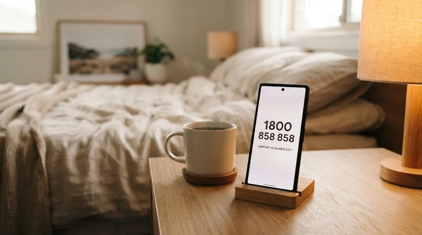 A calm, supportive image of a phone with 1800 858 858 on screen next to a cup of coffee — no casino imagery, no reels, no chips