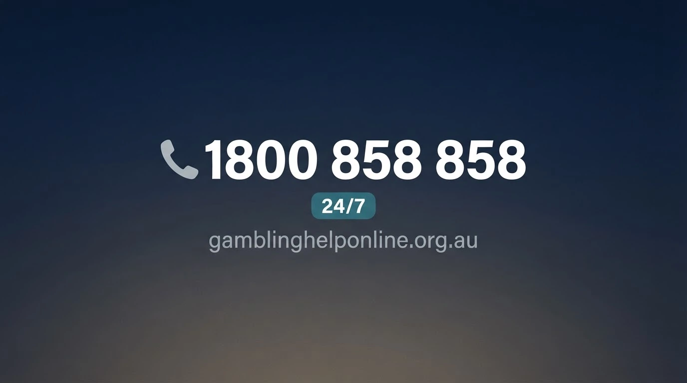 A clean, simple graphic showing the National Gambling Helpline number — 1800 858 858 — with the 24/7 badge and the Gambling Help Online URL beneath it