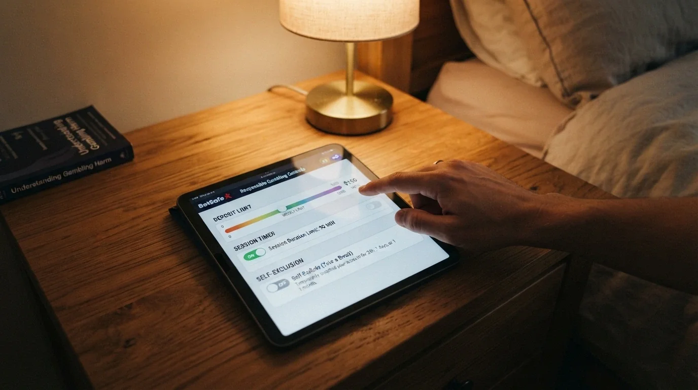 An iPad screen showing a responsible-gambling settings panel with deposit-limit, session-timer and self-exclusion options clearly laid out
