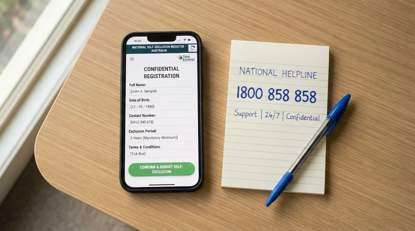 A phone screen displaying the BetStop registration page beside the National Gambling Helpline number 1800 858 858 on a notepad