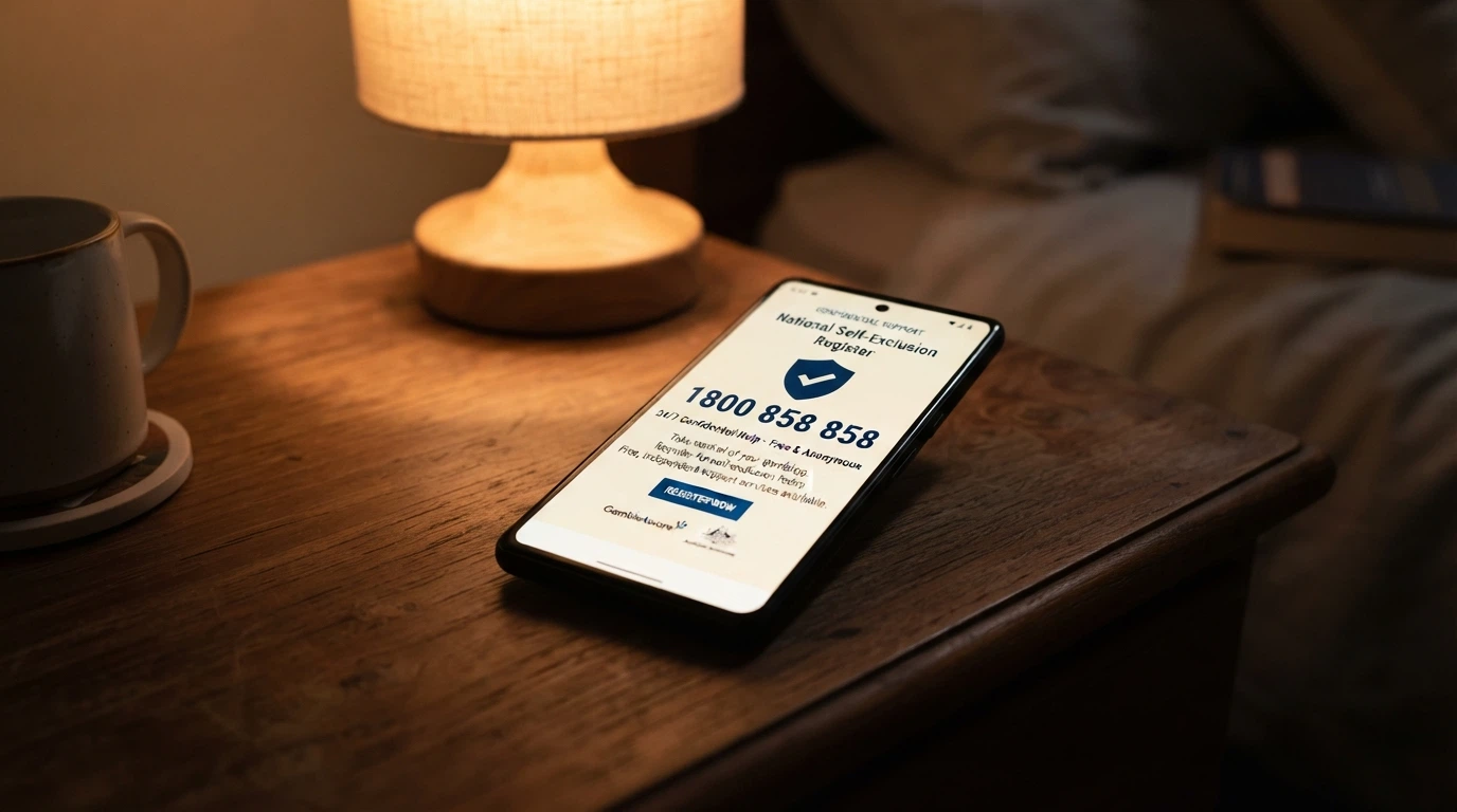 A phone screen showing the Gambling Help Online homepage with the 1800 858 858 number prominent and the BetStop logo beside it