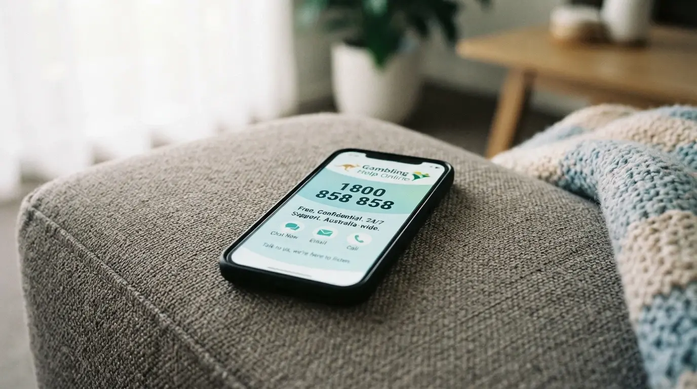 A smartphone displaying the Gambling Help Online homepage with the 1800 858 858 helpline number prominent on screen