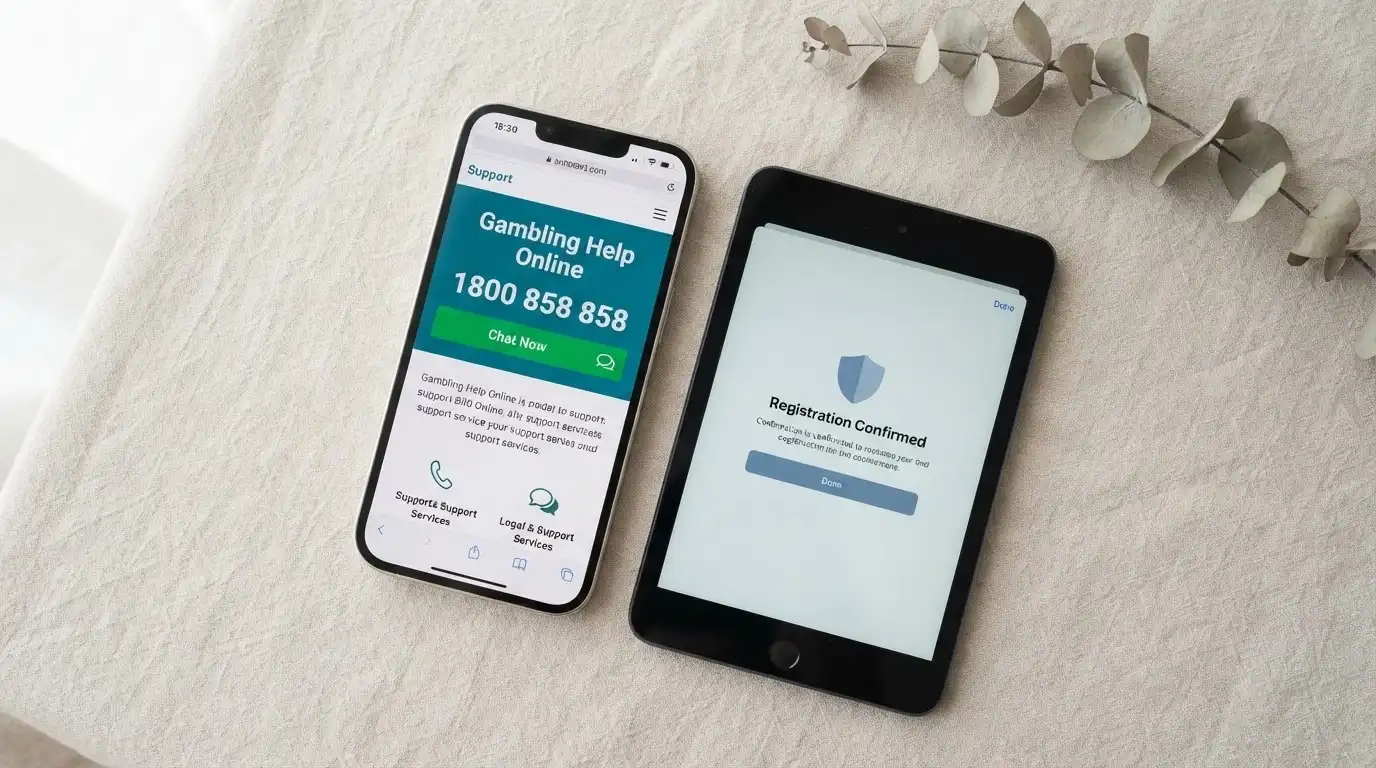 A smartphone showing the Gambling Help Online homepage with the 1800 858 858 helpline number prominent, beside a BetStop registration confirmation screen.