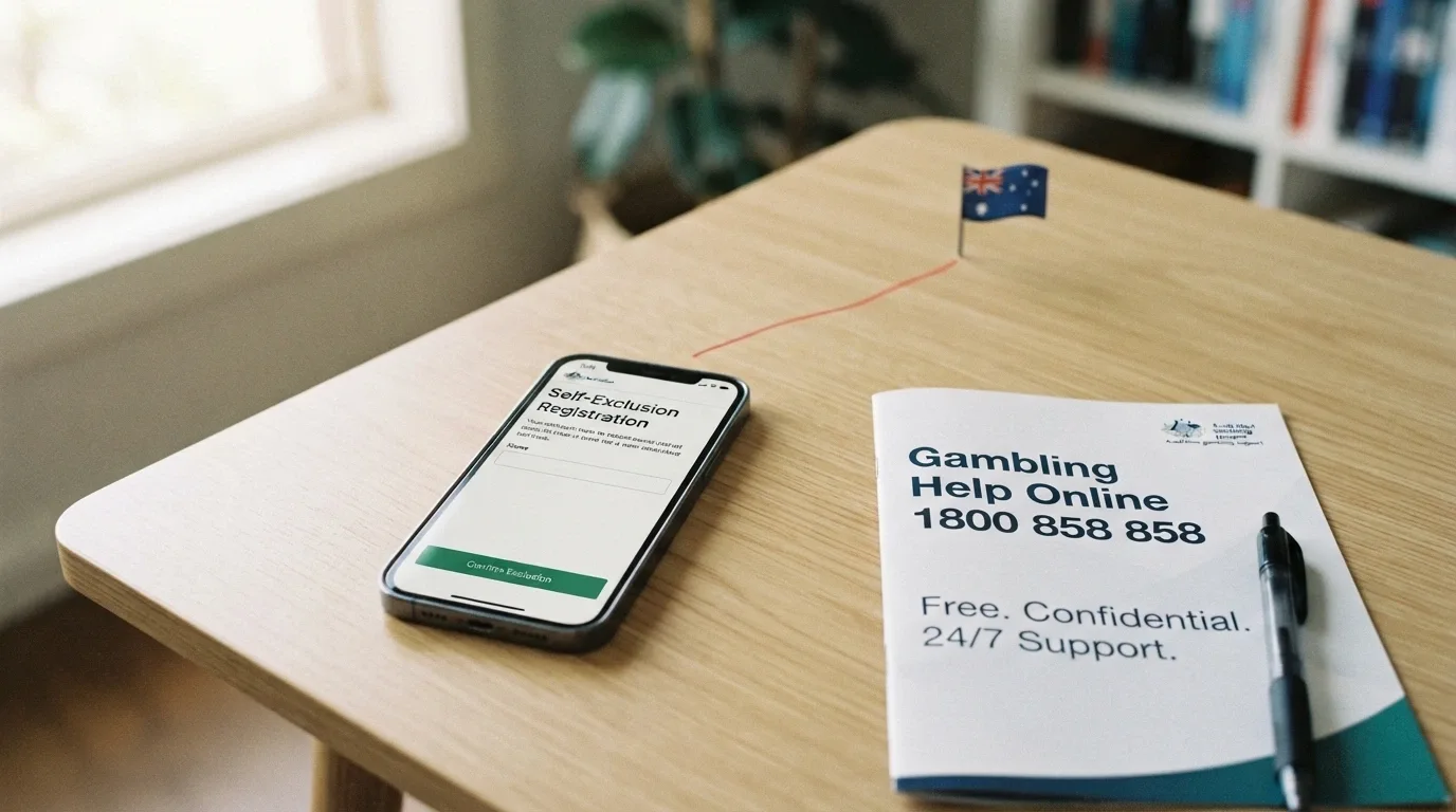 A smartphone screen showing the BetStop registration page beside the Gambling Help Online logo and the 1800 858 858 helpline number, with a red line marking the offshore gap
