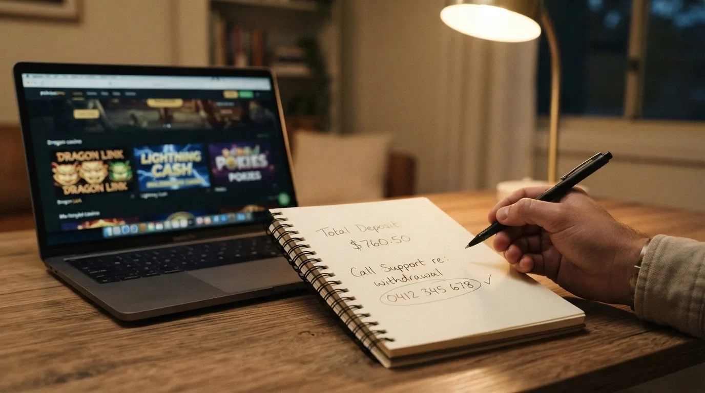 A player's notepad beside a laptop showing a session limit written in dollars and the Gambling Helpline number