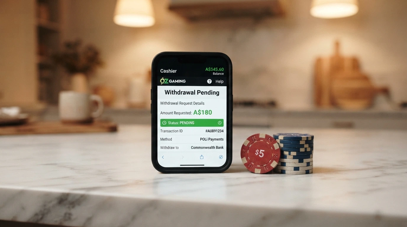 An Australian $100 polymer banknote beside a smartphone showing a casino cashout screen with a pending withdrawal amount
