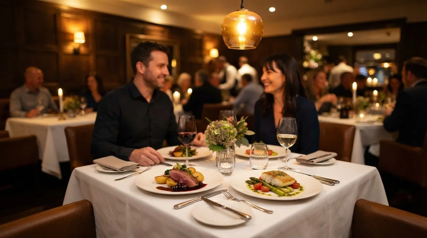 The interior of a signature restaurant at SkyCity Adelaide with plated dishes, ambient lighting and diners