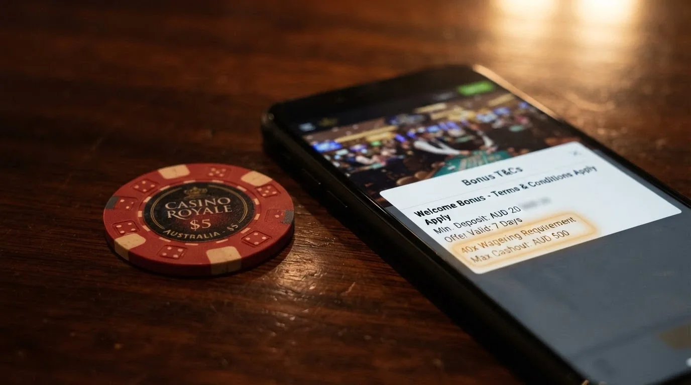 An Australian $50 note beside a smartphone showing a reload bonus terms pop-up with the wagering multiple and max cashout cap highlighted.