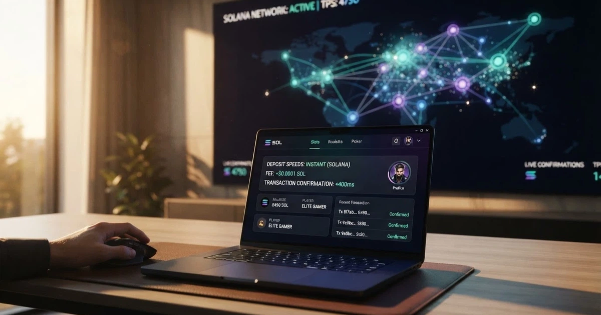 A Solana blockchain network visualisation with transaction confirmation metrics overlaid on a clean casino interface