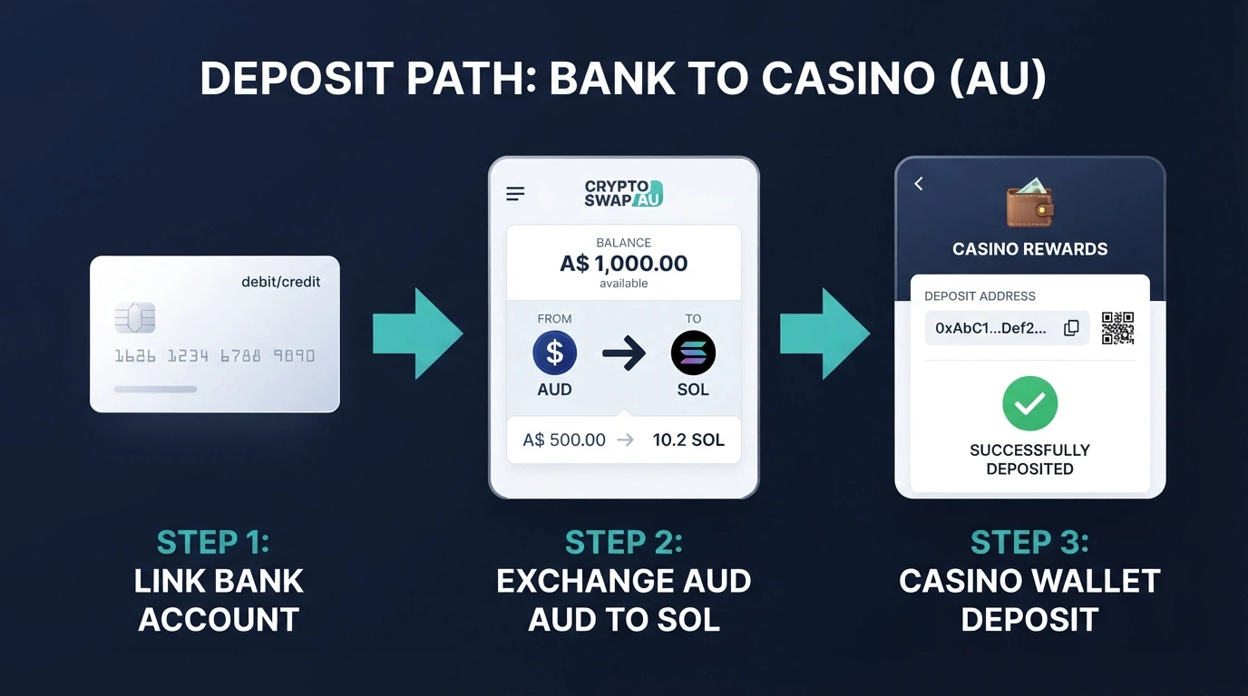 A three-step diagram showing an Australian bank account converting AUD to SOL through an exchange then depositing to a casino wallet via Phantom