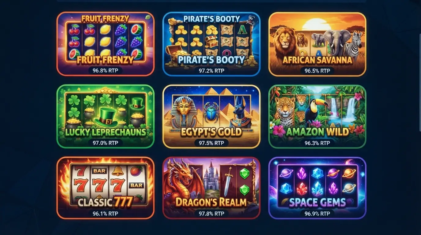 A grid of online slot game tiles from NetEnt Pragmatic Play and Thunderkick with RTP percentages displayed beneath each title