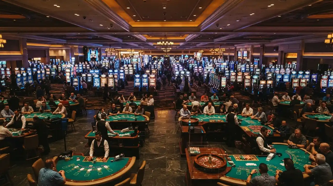 Wide view of The Star Brisbane casino gaming floor with table games in the foreground and poker machines beyond under warm lighting