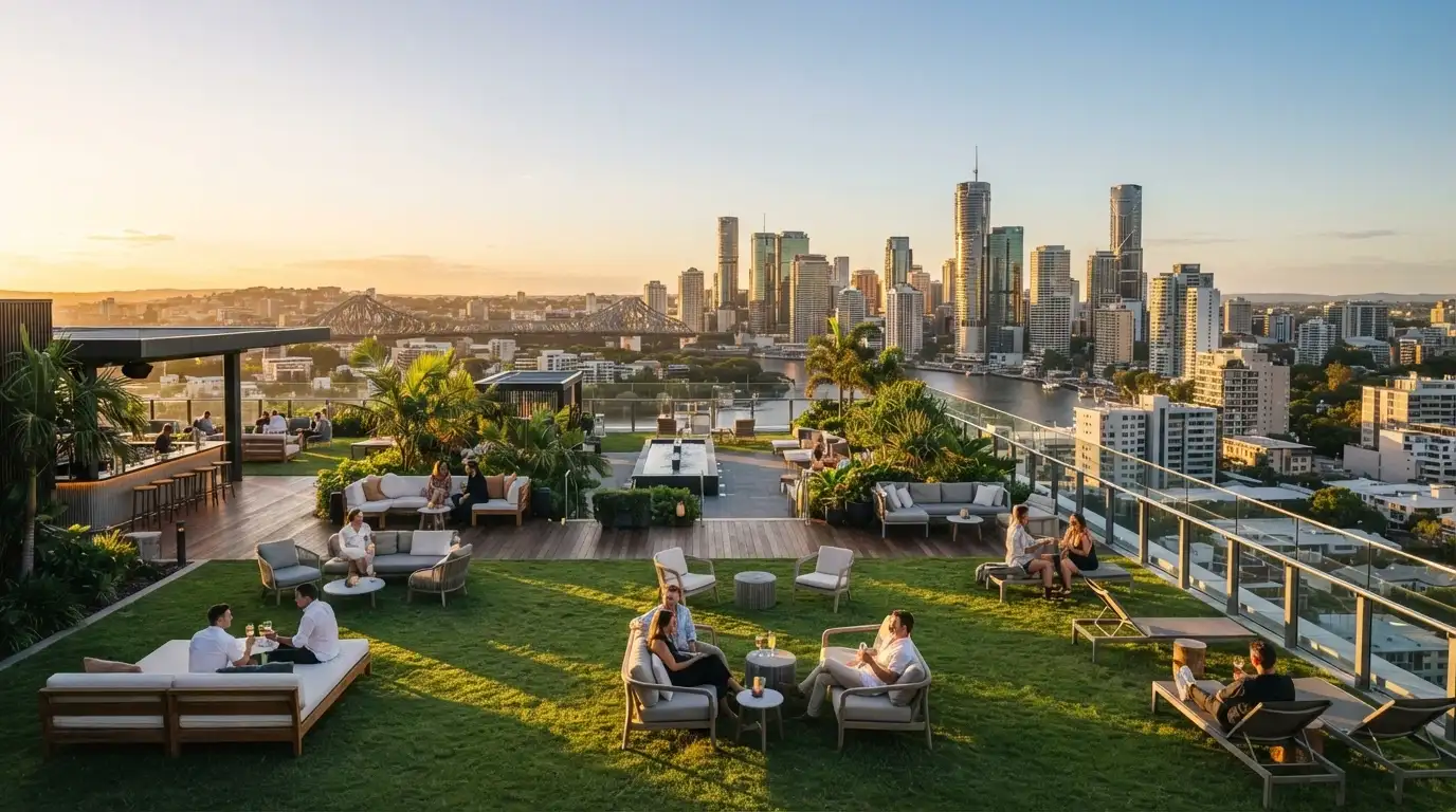 The open-air Leisure Deck at The Star Brisbane with lawns, seating and the Brisbane skyline beyond