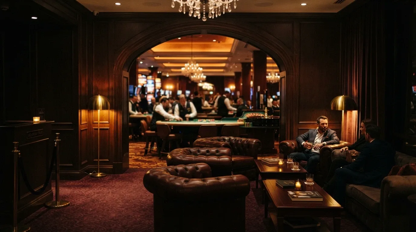 The Star Club private members lounge with refined seating, warm lighting and gaming tables visible beyond