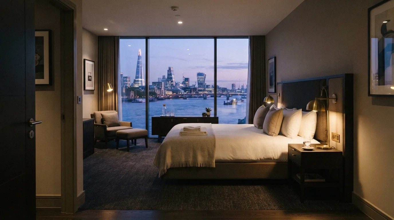 A five-star guest room at The Star Grand Brisbane with river views through floor-to-ceiling windows