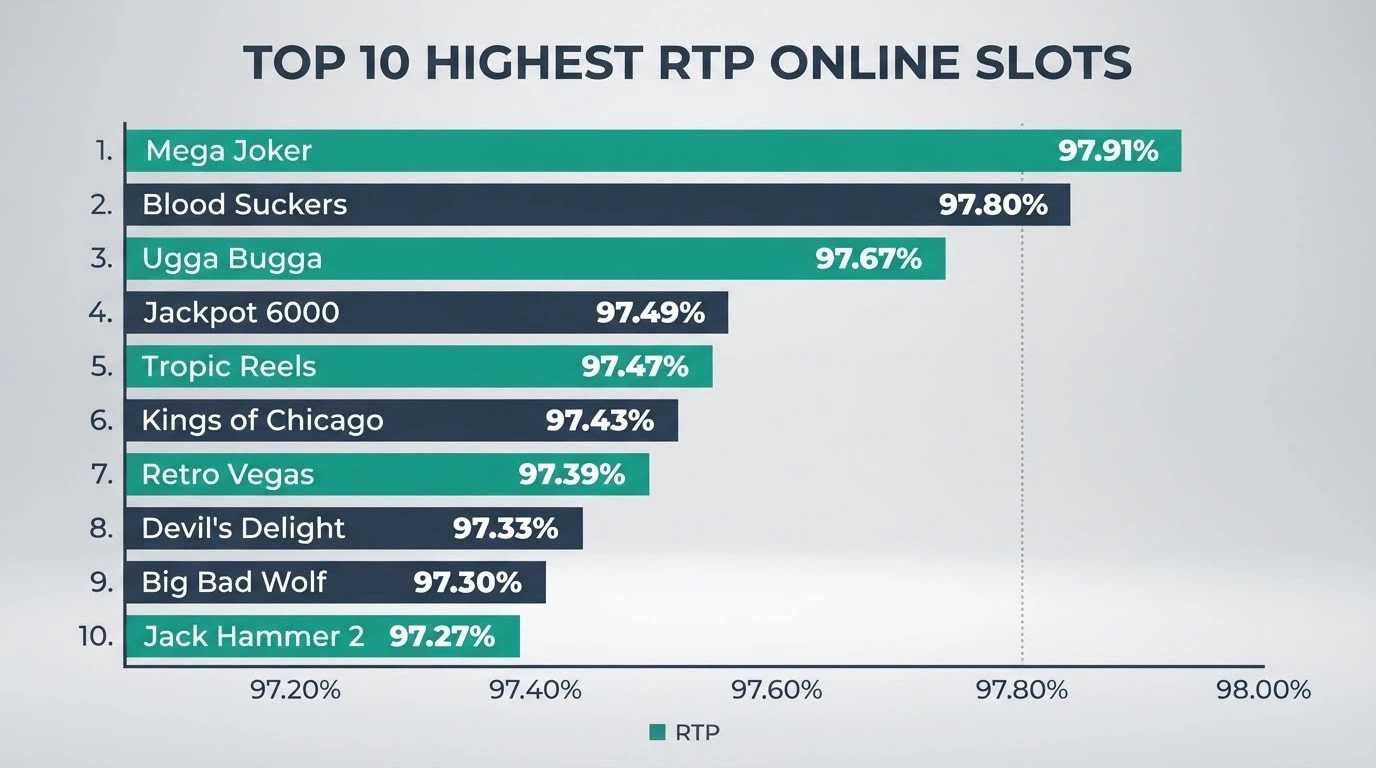 A bar chart ranking ten Betsoft slot titles by RTP percentage, with Good Girl Bad Girl and The Slotfather JP at the top above 97.7%, descending toward After Night Falls at 97.27%