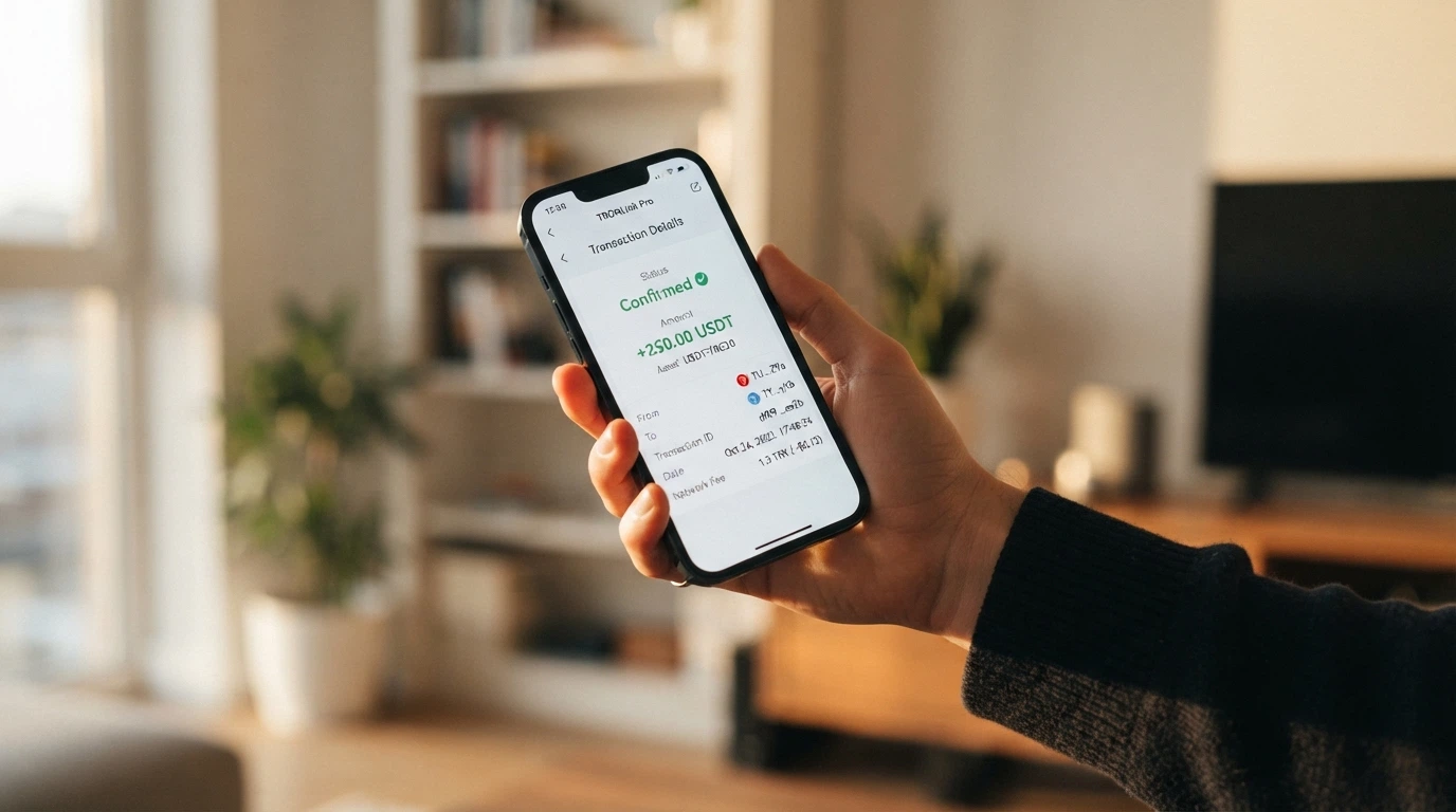 A crypto wallet interface displaying a USDT-TRC20 transaction receipt with a timestamp, network fee and confirmed status
