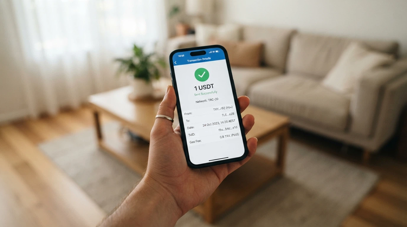 A crypto wallet app showing a 1 USDT TRC-20 transfer on a phone screen