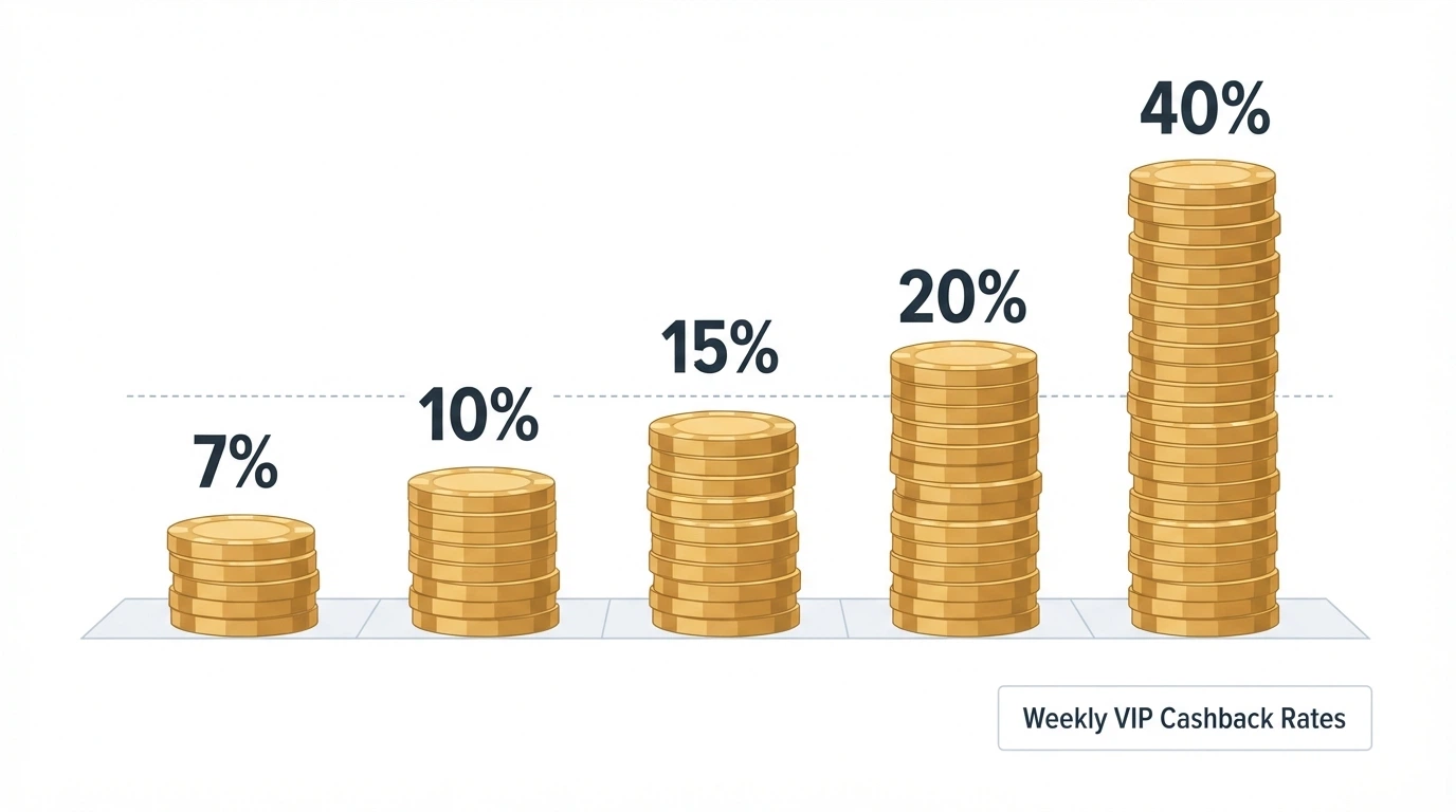 A comparison graphic showing weekly cashback percentages side by side — 7%, 10%, 15%, 20%, 40% — each represented as coins stacking into a player's balance