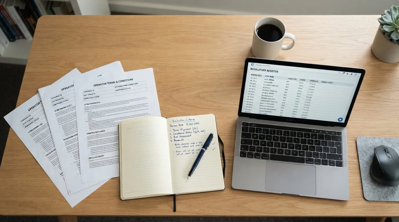 A desk setup showing printed operator VIP terms, a screen displaying the ACMA licence register, and evaluation criteria notes being cross-referenced