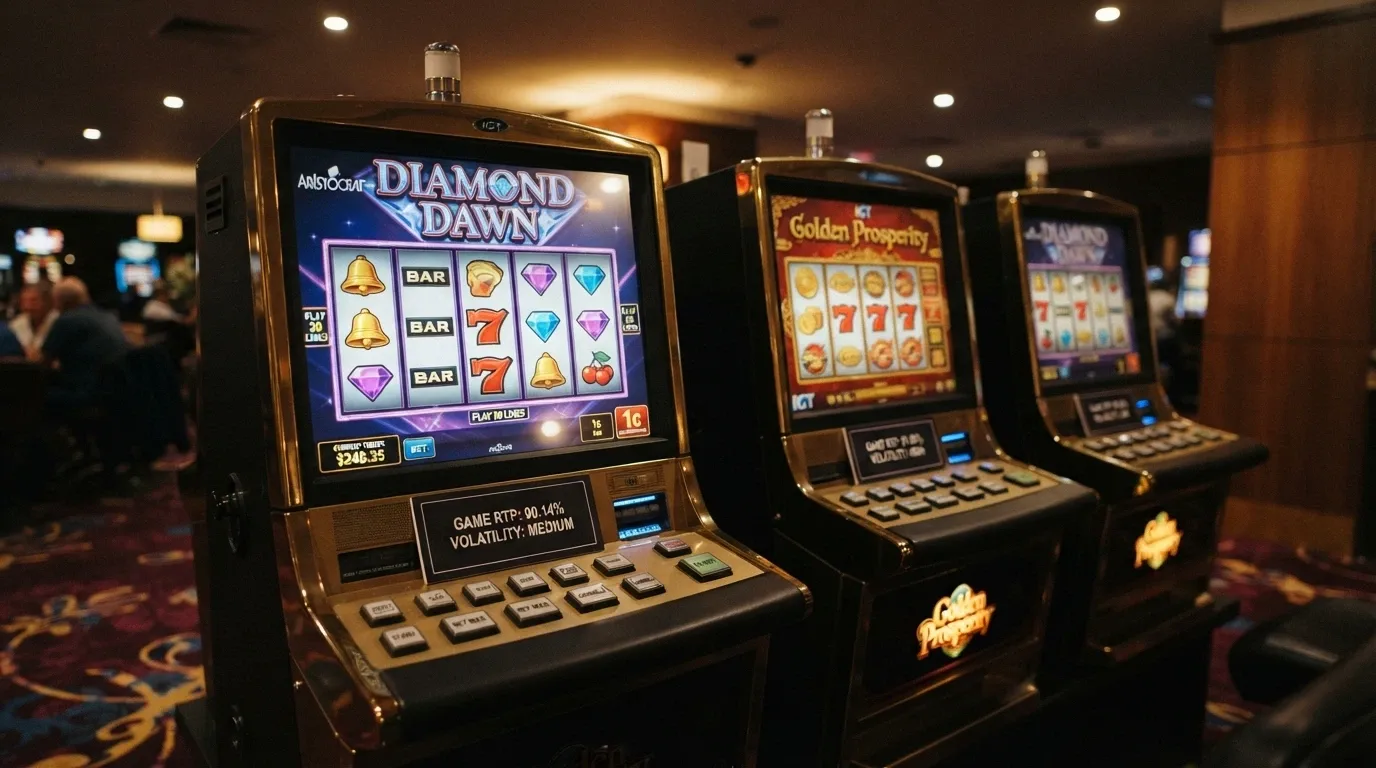 A row of online pokie reels with RTP percentages and volatility labels visible beneath each game title