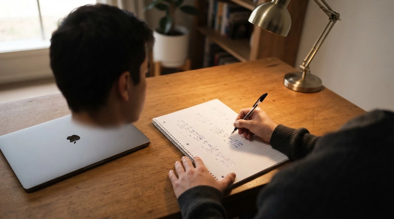 A calculator next to a handwritten notepad showing wagering-requirement arithmetic