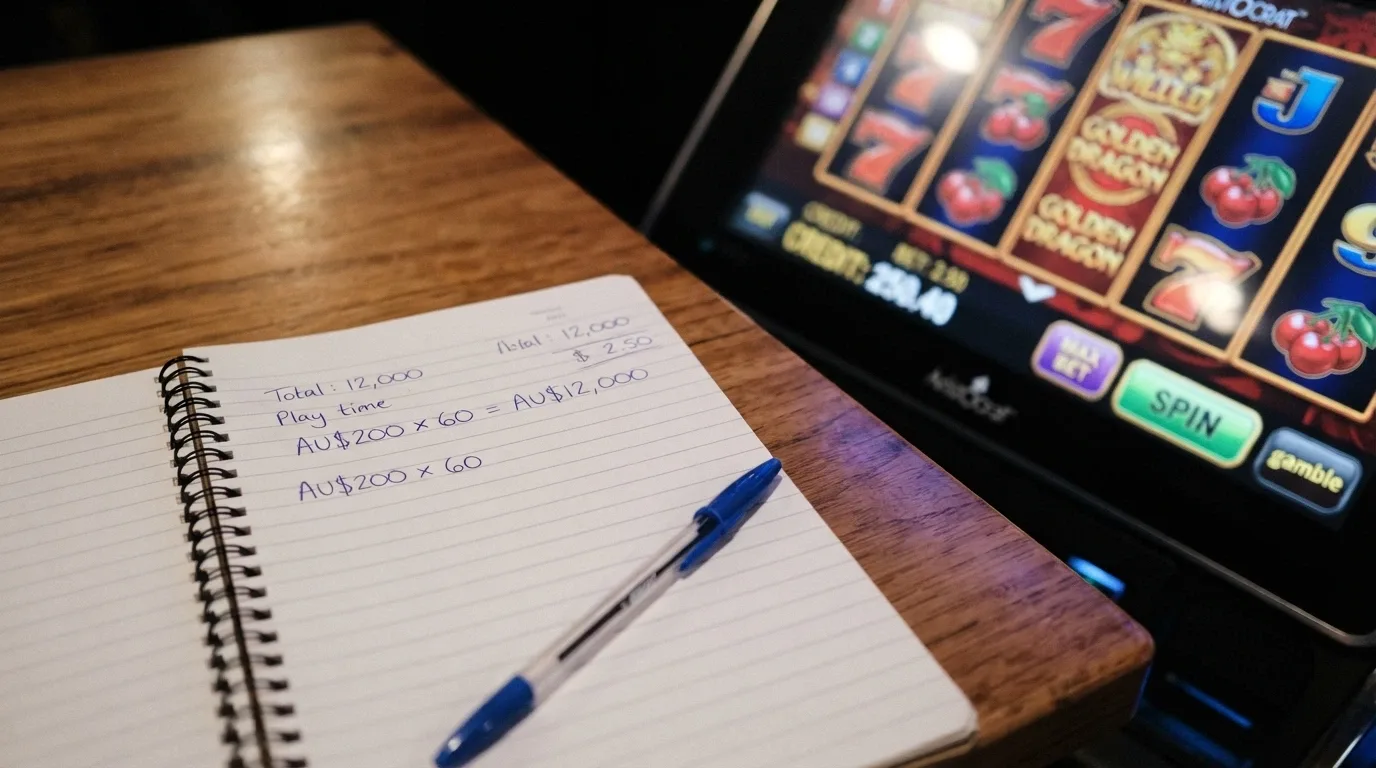 A notepad beside a pokies screen showing the maths: bonus amount multiplied by wagering multiple equals a five-figure turnover requirement