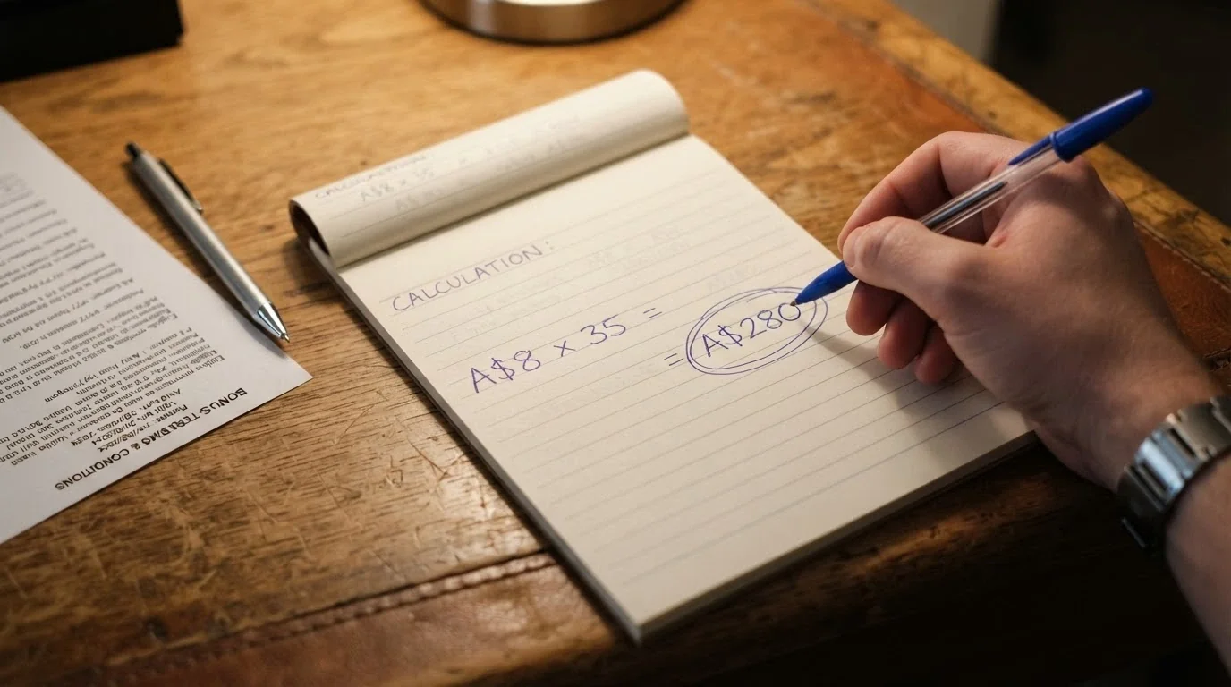A handwritten calculation showing bonus winnings multiplied by a wagering requirement, with a circled total turnover figure below