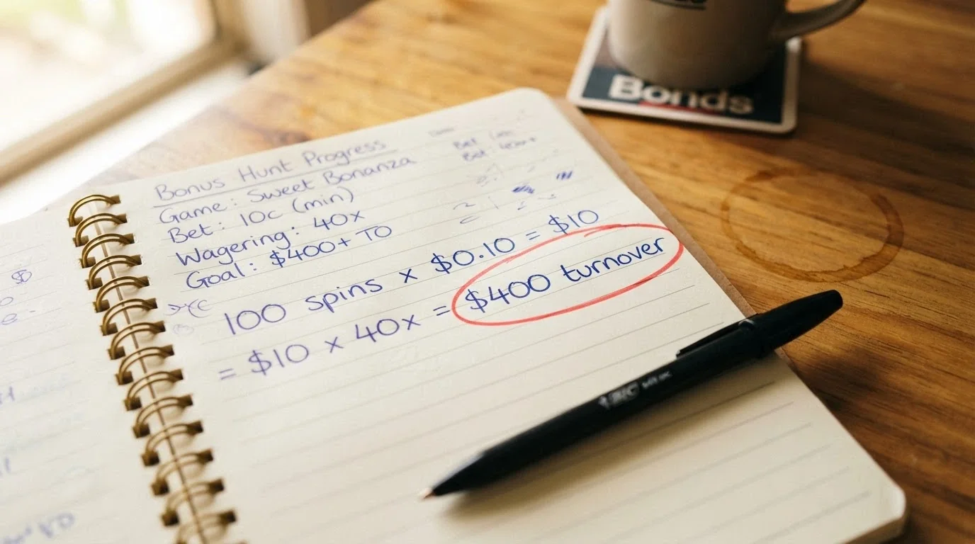 A close-up of a notepad with handwritten arithmetic: “100 spins × $0.10 = $10 × 40x = $400 turnover” with a red circle around the final figure