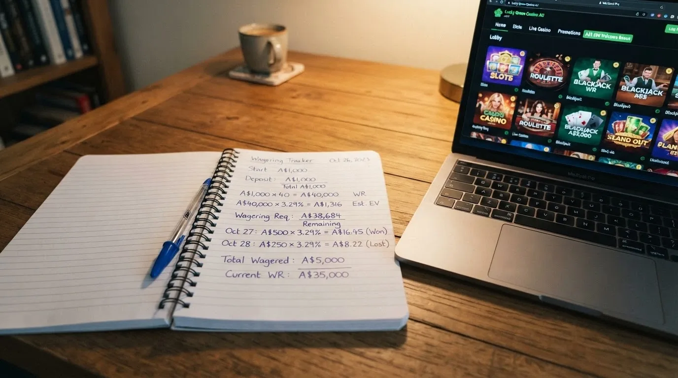 A notepad with wagering maths written beside a laptop showing a casino lobby