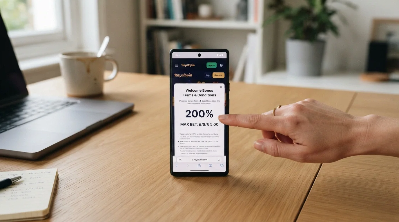 A smartphone displaying a bonus terms pop-up with the wagering multiple and max-bet figure highlighted