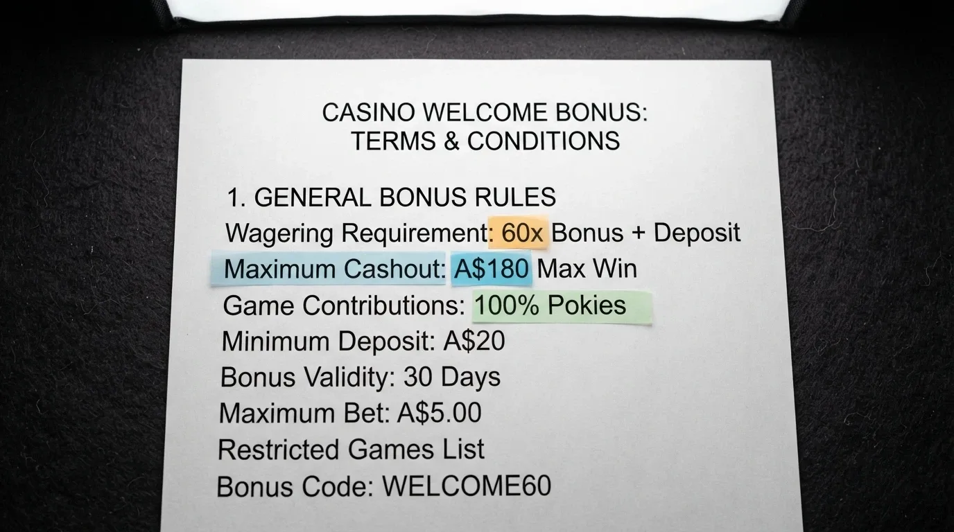 A close-up of a casino bonus terms panel with wagering multiplier, max cashout and game contribution percentages highlighted in sequence
