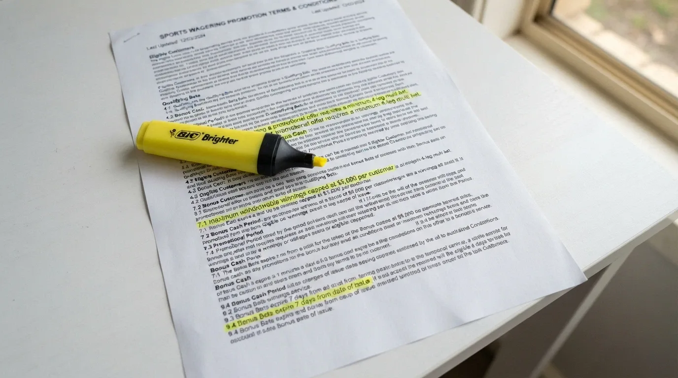 A close-up of bonus terms and conditions text with a highlighter marking the wagering multiple, cashout cap and expiry date clauses