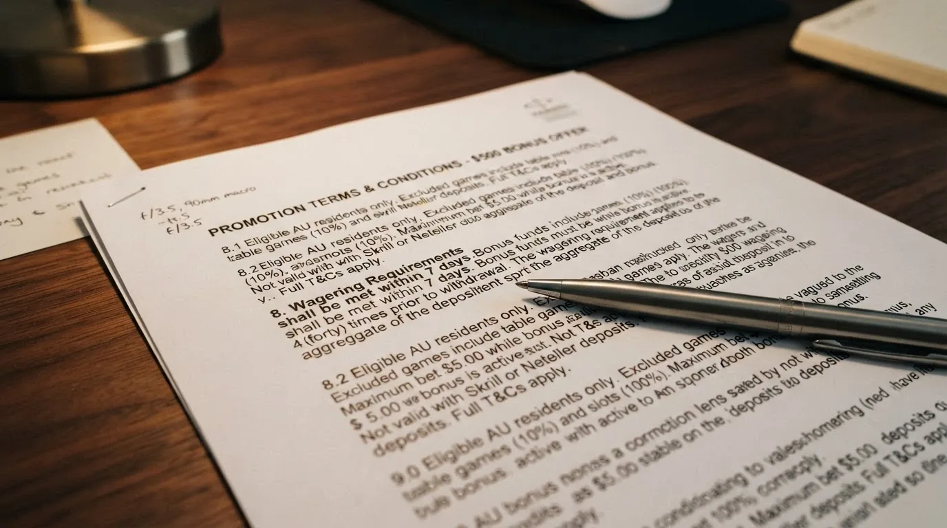 A close-up of a printed bonus-terms document with a pen resting on the wagering-requirements clause, shallow depth of field