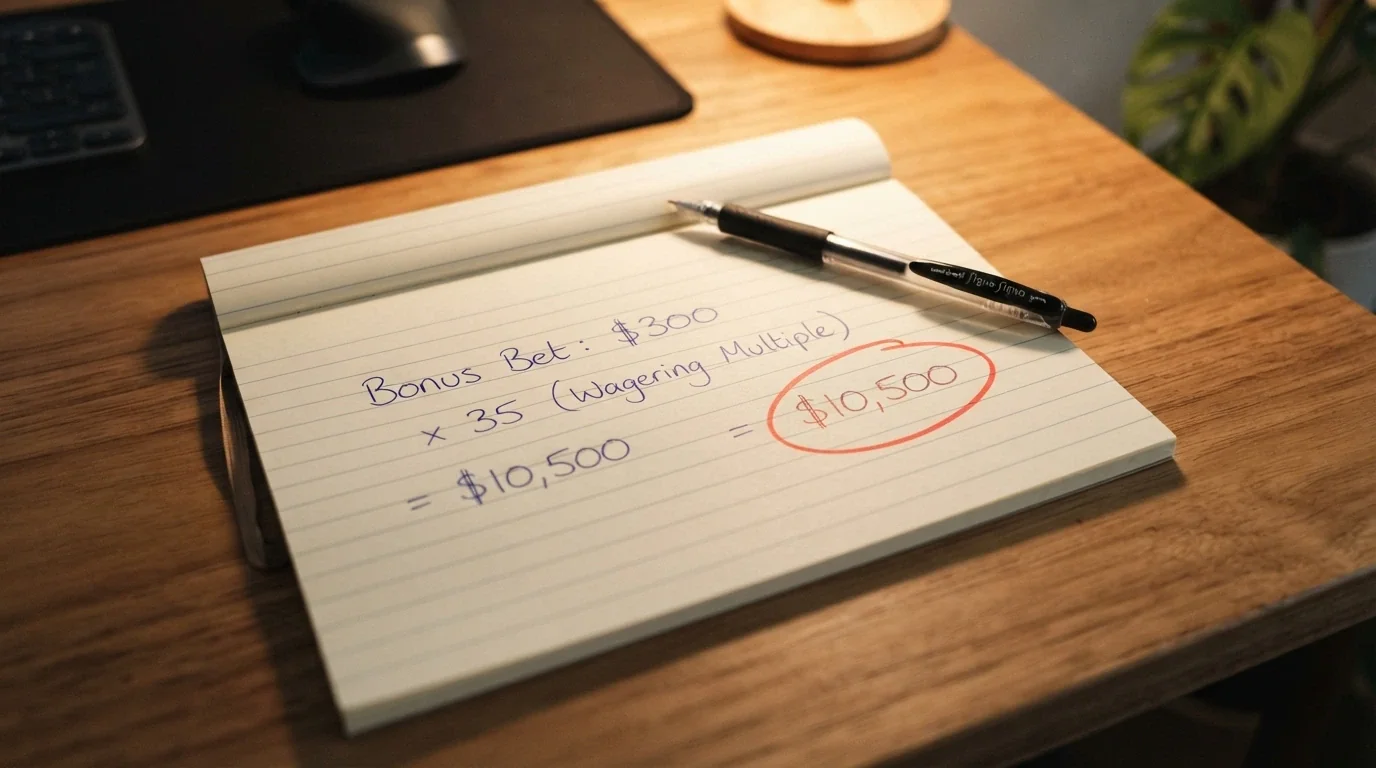 A notepad or calculator display showing the turnover maths written out: bonus amount multiplied by the wagering multiple equals the total playthrough required, with a circled figure in the tens of thousands