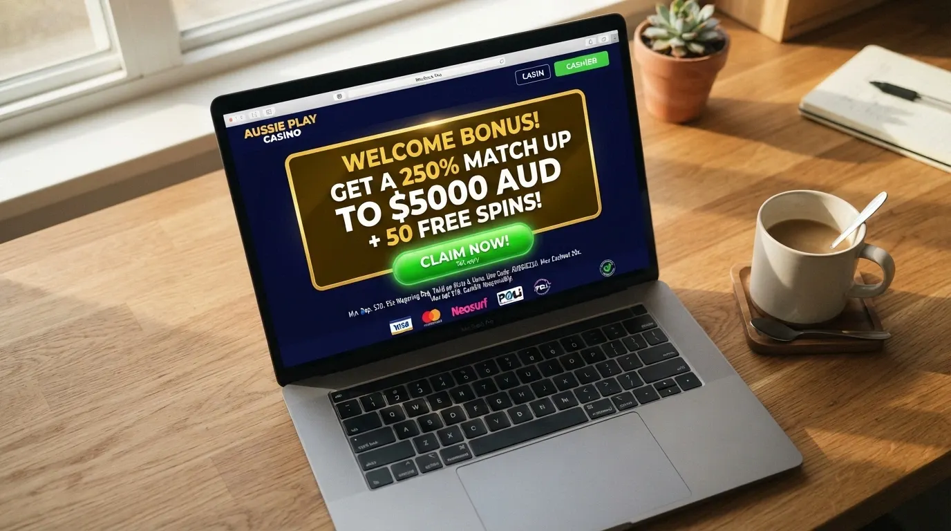 A casino cashier screen showing a welcome-bonus claim interface with the bonus amount displayed prominently and the wagering-requirement terms visible in smaller text below